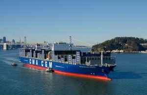 The largest cargo ship to ever visit the U.S. The CMA CGM Benjamin Franklin, generated 11 hours of low-frequency sound when it cruised along the Central Coast. Photo courtesy Port of Oakland. 